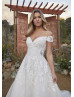Off Shoulder Ivory Sequined Lace Tulle Illusion Back Wedding Dress